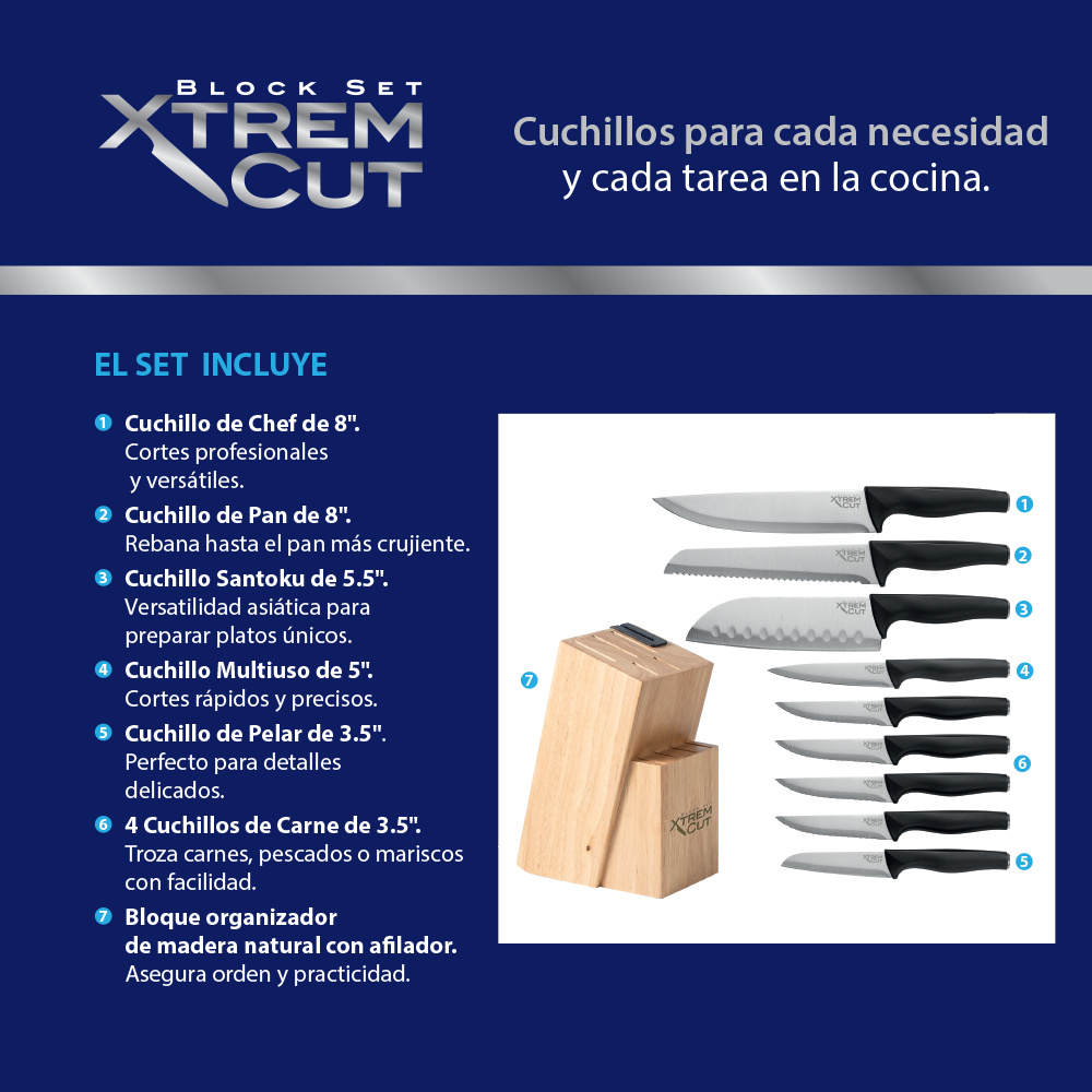 Set de 10 cuchillos con organizador y afilador integrado.